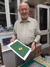 Robert Gillmor with the linocut he made for our cover